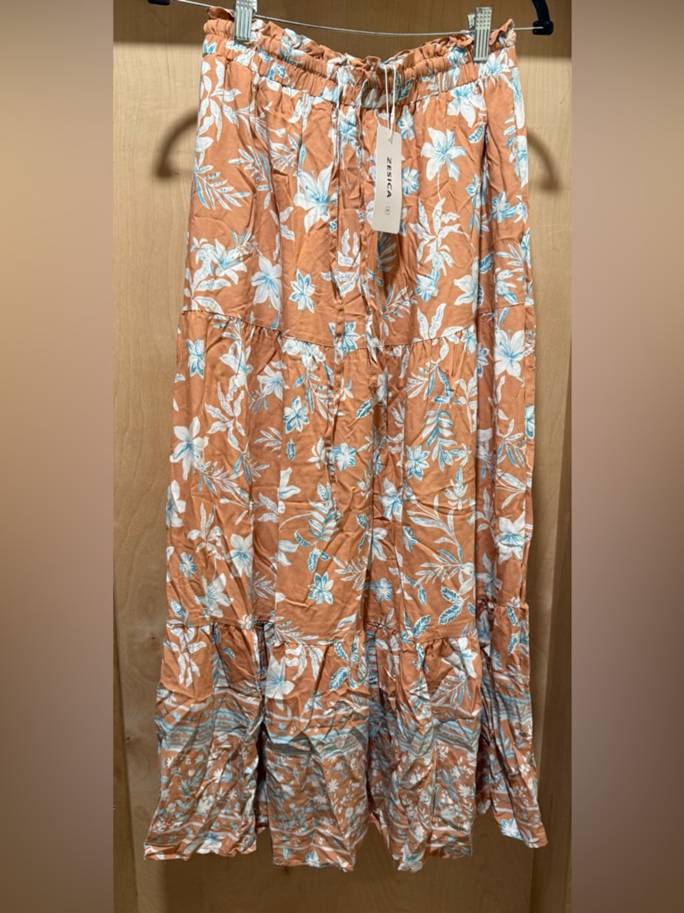 Zesica Floral Tiered Maxi Skirt - Rust with White & Light Blue Flowers NEW